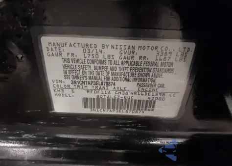 2014 Nissan Versa 1.6 S/1.6 S+/1.6 Sl/1.6 Sv from USA, damaged, VIN 3N1CN7AP3EL870874